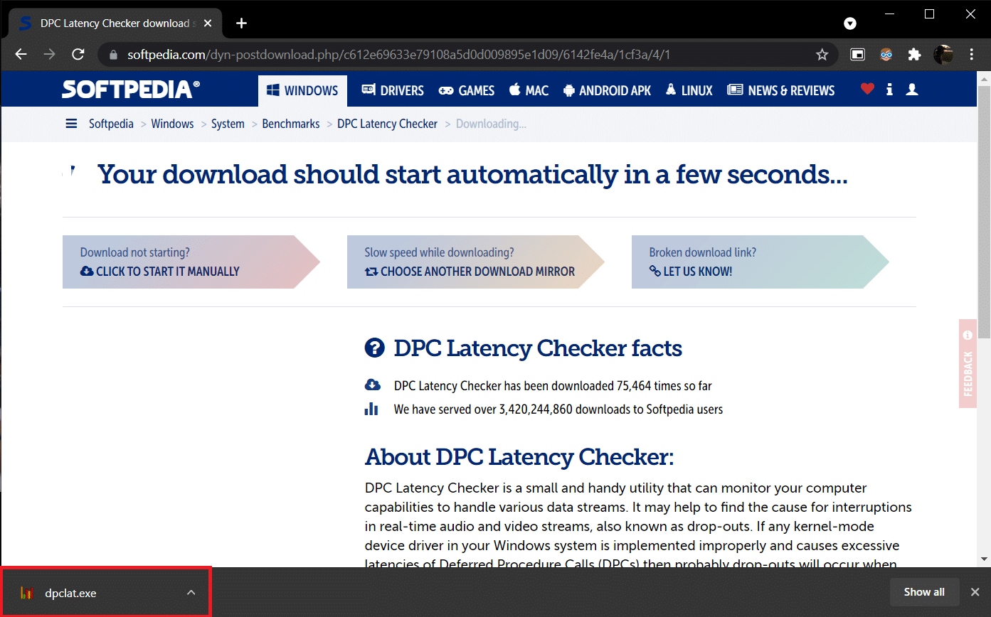 Softpedia 中的 DPC 延遲檢查器 1.4.0 下載頁面。 exe文件已下載。