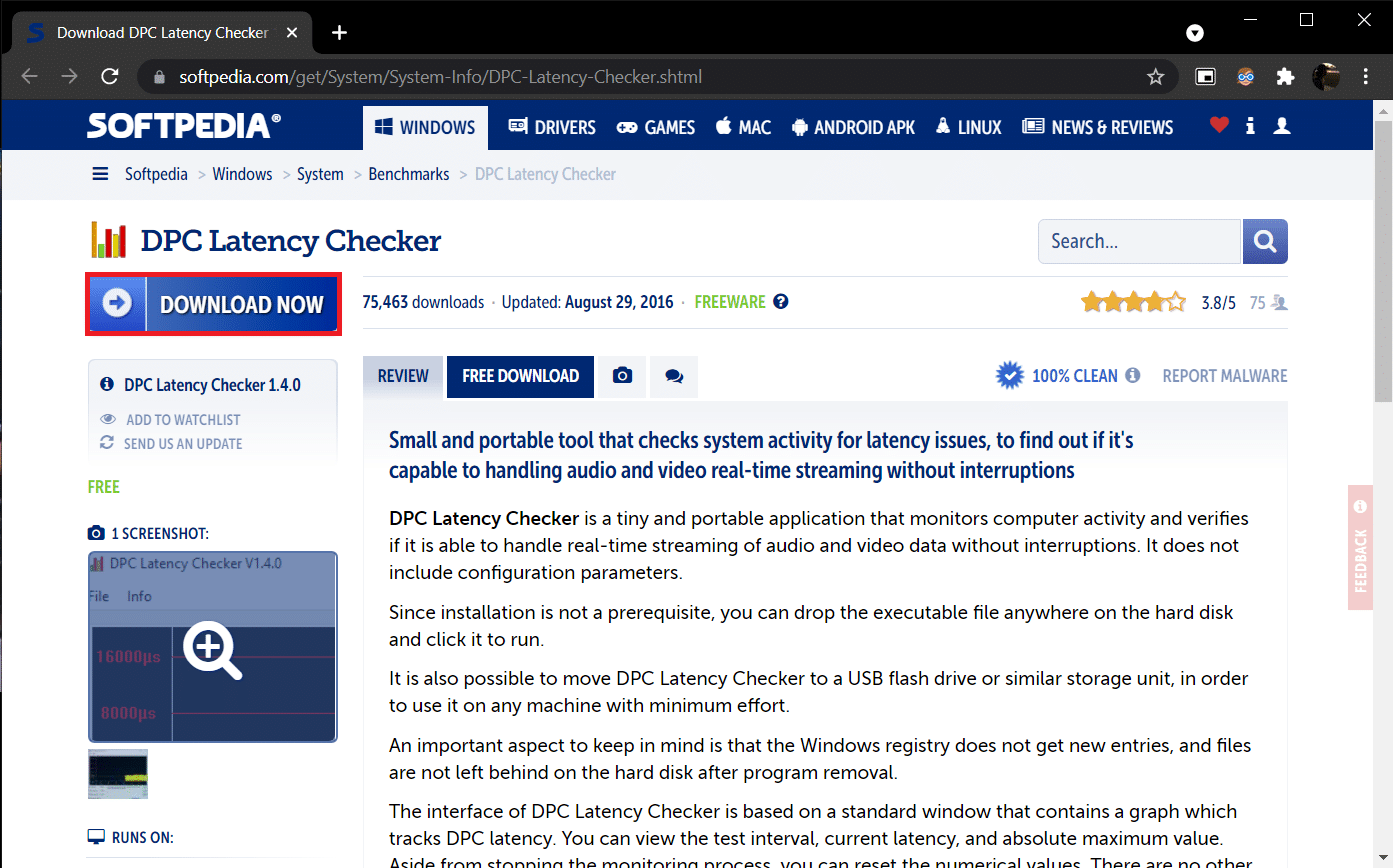 หน้าดาวน์โหลด DPC Latency Checker 1.4.0 ใน Softpedia