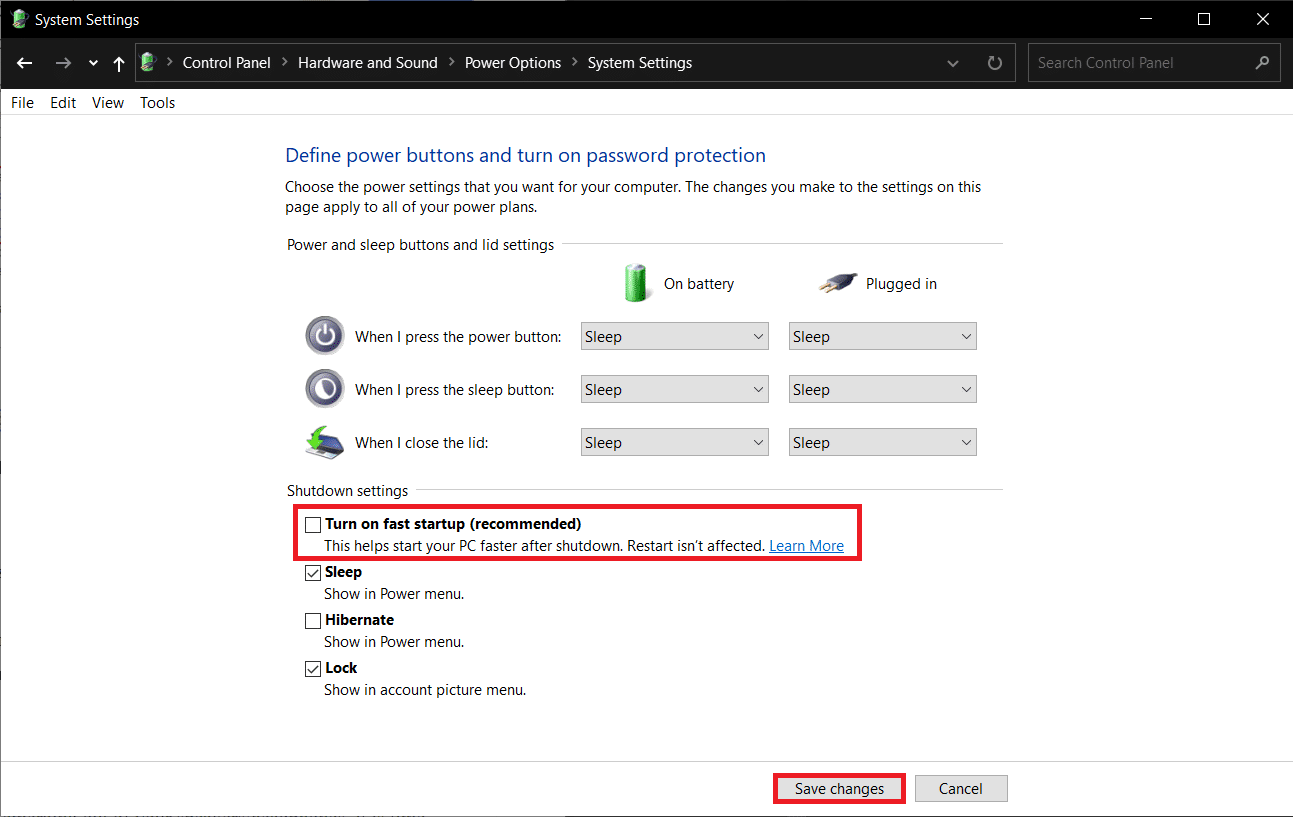 Activer le démarrage rapide n'est pas coché. Correction du crépitement audio de Windows 10