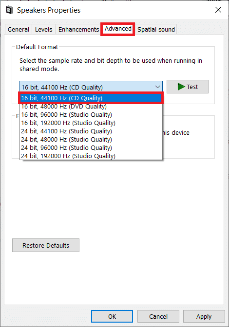 Tab Lanjutan Properti Speaker. Perbaiki Windows 10 Audio Crackling