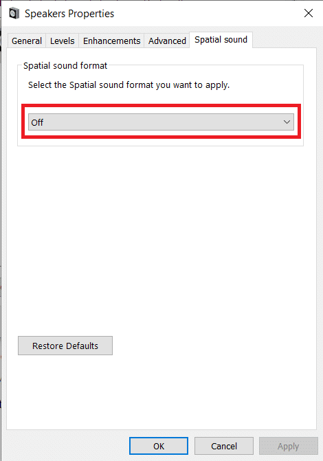 แท็บคุณสมบัติของลำโพง Spatial sound แก้ไขเสียงแตกของ Windows 10