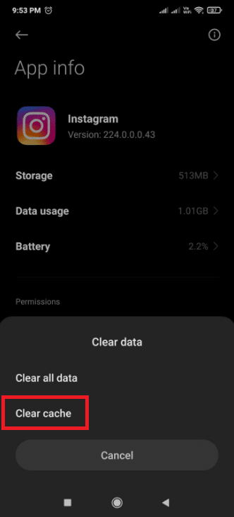 Apăsați pe Ștergeți datele și apoi faceți clic pe Ștergeți memoria cache. Cum să remediați postarea Instagram blocată la trimitere