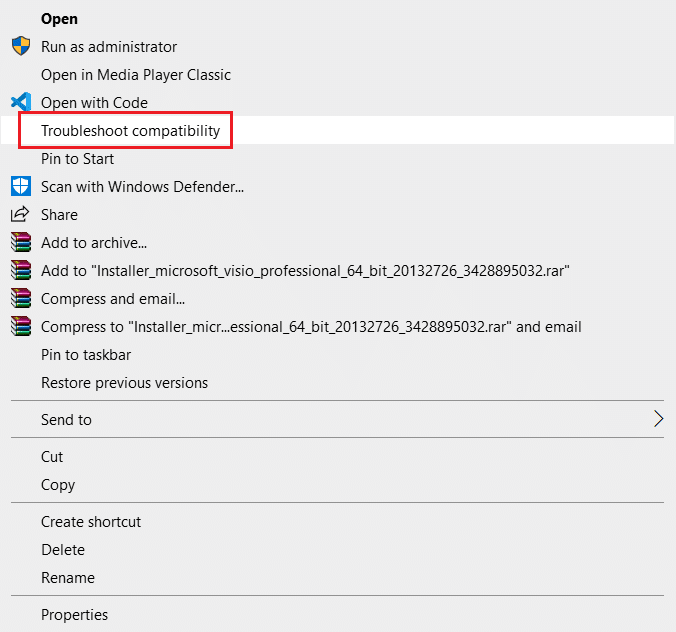 Klicken Sie mit der rechten Maustaste und wählen Sie die Option zur Fehlerbehebung bei der Kompatibilität