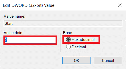 Remplacez les données de la valeur de départ par 2 et la base par hexadécimal. Fix Microsoft Setup Bootstrapper a cessé de fonctionner