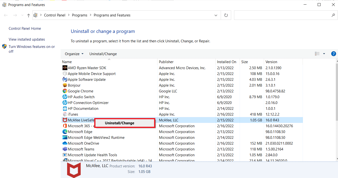 Localisez l'antivirus tiers et sélectionnez désinstaller