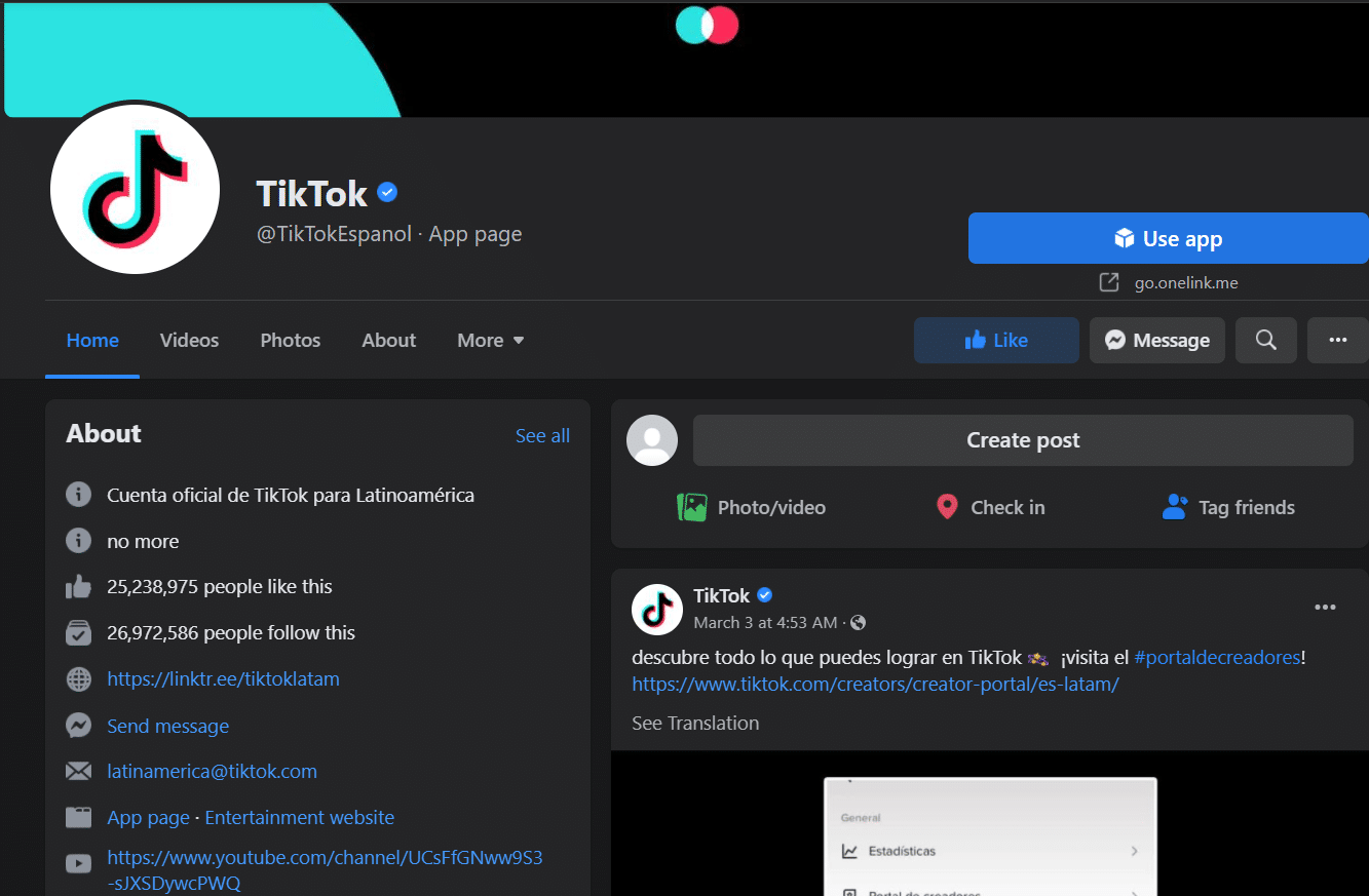 Pagina de facebook TikTok