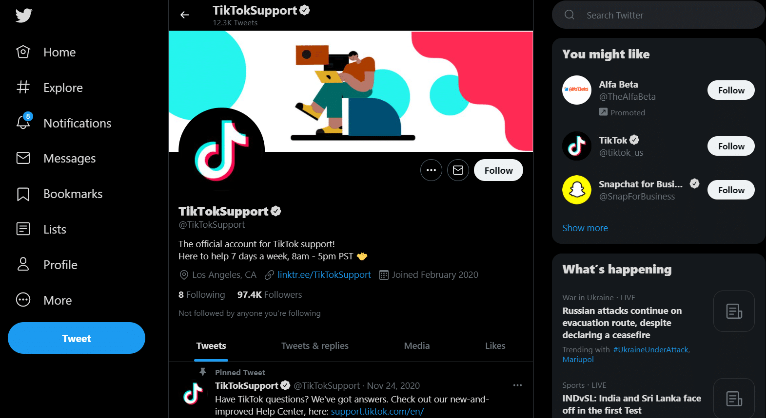 Página do Twitter de suporte do TikTok. Como entrar em contato com o suporte do TikTok