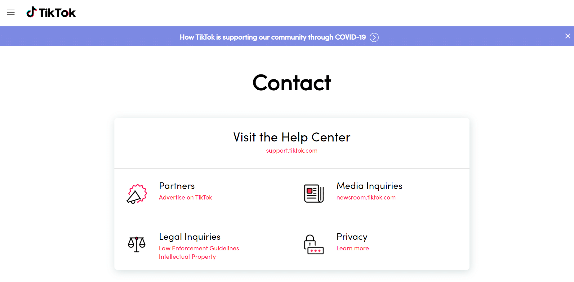 Pagina de contact TikTok