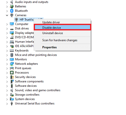 fare clic con il pulsante destro del mouse sul dispositivo della fotocamera e selezionare l'opzione Disabilita dispositivo. Risolto il problema con la fotocamera che non funziona su Teams