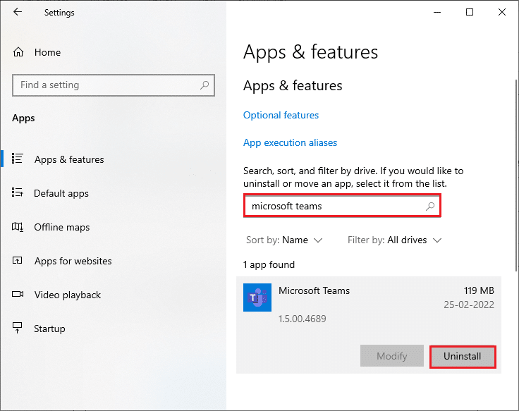 Ahora, busque y haga clic en Microsoft Teams y seleccione la opción Desinstalar. Arreglar la cámara que no funciona en los equipos