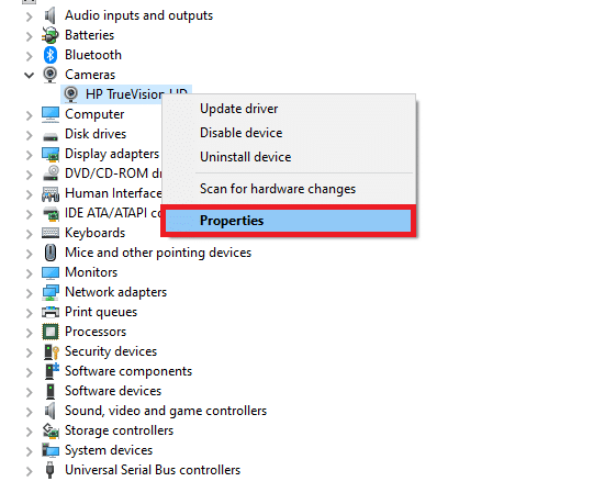 Klik kanan pada driver dan klik Properties. Perbaiki Kamera Tidak Bekerja di Tim