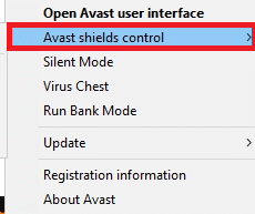 选择 Avast shields 控制选项。修复相机不适用于团队