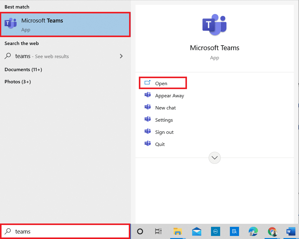 Windows 키를 누르십시오. Microsoft Teams를 입력하고 실행합니다. 팀에서 작동하지 않는 카메라 수정