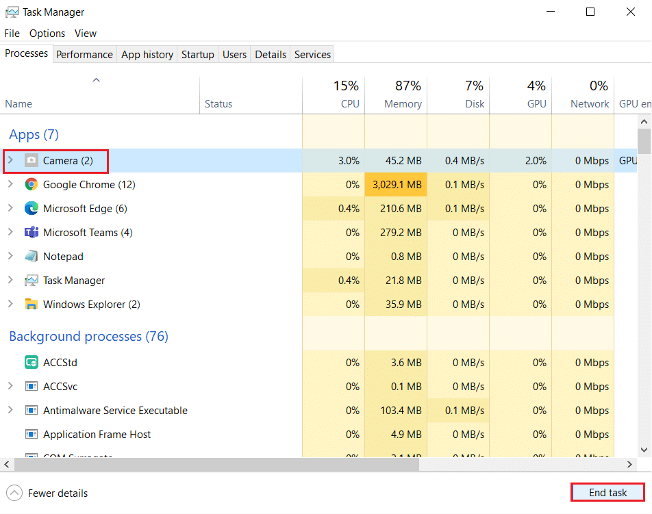 selezionare la fotocamera nel task manager e fare clic su termina attività. Risolto il problema con la fotocamera che non funziona su Teams