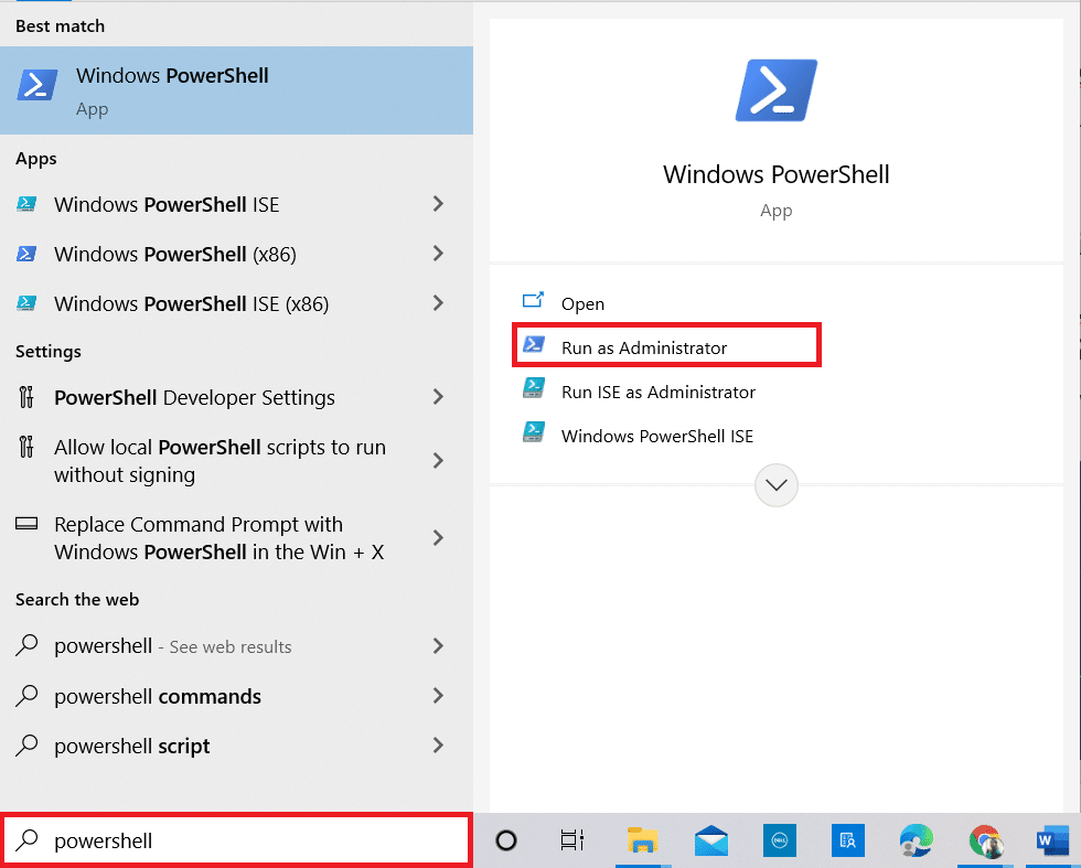 Escriba Powershell en la barra de búsqueda y haga clic en Ejecutar como administrador