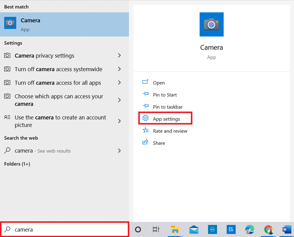 Ketik Kamera di menu pencarian dan klik Pengaturan aplikasi