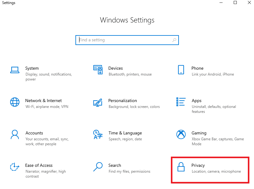 Ora, fai clic su Privacy. Risolto il problema con la fotocamera di Microsoft Teams che non funzionava