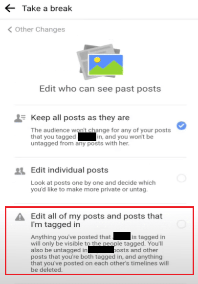 Modifica tutti i miei post e i post in cui sono stato taggato in opzione