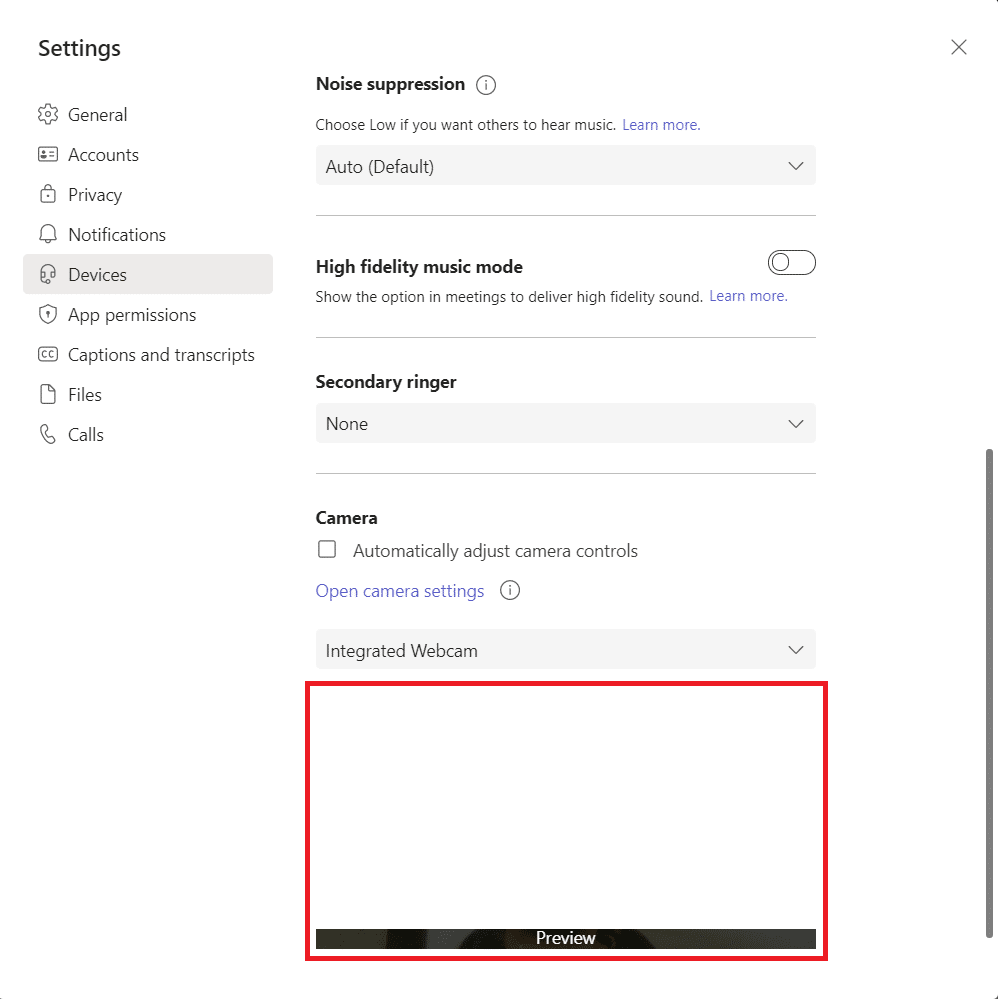 pilih kamera yang ingin Anda gunakan dan pastikan Anda menyimpan perubahannya. Periksa apakah Anda telah memperbaiki masalah kamera Microsoft Teams yang tidak berfungsi dengan mengonfirmasi video di ruang pratinjau. Perbaiki Panggilan Video Tim Microsoft Tidak Berfungsi