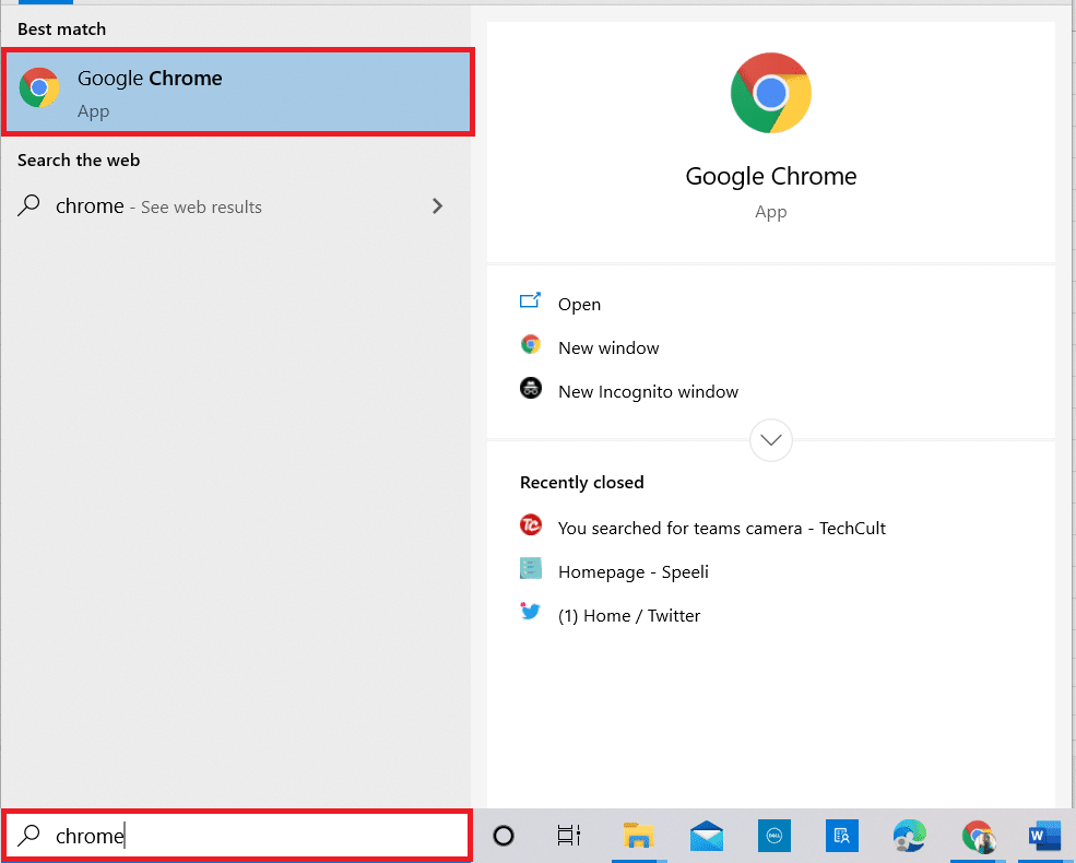 Appuyez sur la touche Windows. Tapez Google Chrome et lancez-le. Correction de l'appel vidéo Microsoft Teams ne fonctionnant pas