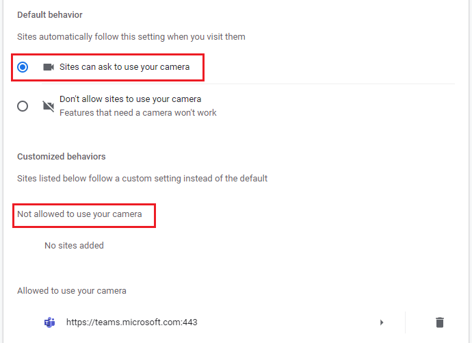 ที่นี่ ให้เลือกไซต์สามารถขอใช้ตัวเลือกกล้องของคุณได้ และตรวจสอบให้แน่ใจว่าไม่ได้เพิ่ม Teams ใน ไม่อนุญาตให้ใช้รายการกล้องของคุณ แก้ไขการโทรวิดีโอของ Microsoft Teams ไม่ทำงาน
