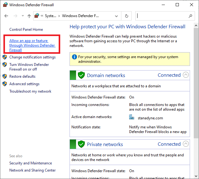 Di jendela sembulan, klik Izinkan aplikasi atau fitur melalui Windows Defender Firewall.