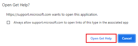 Pentru aceasta, faceți clic pe butonul Open Get Help app și confirmați solicitarea făcând clic pe butonul Open Get Help. Remediați apelul video Microsoft Teams care nu funcționează