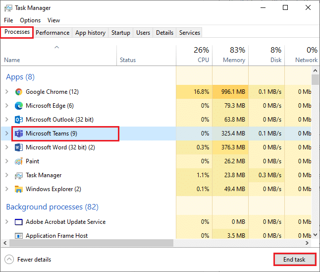 프로세스 탭의 목록에서 Microsoft Teams를 검색합니다. Microsoft Teams 화상 통화가 작동하지 않는 문제 수정