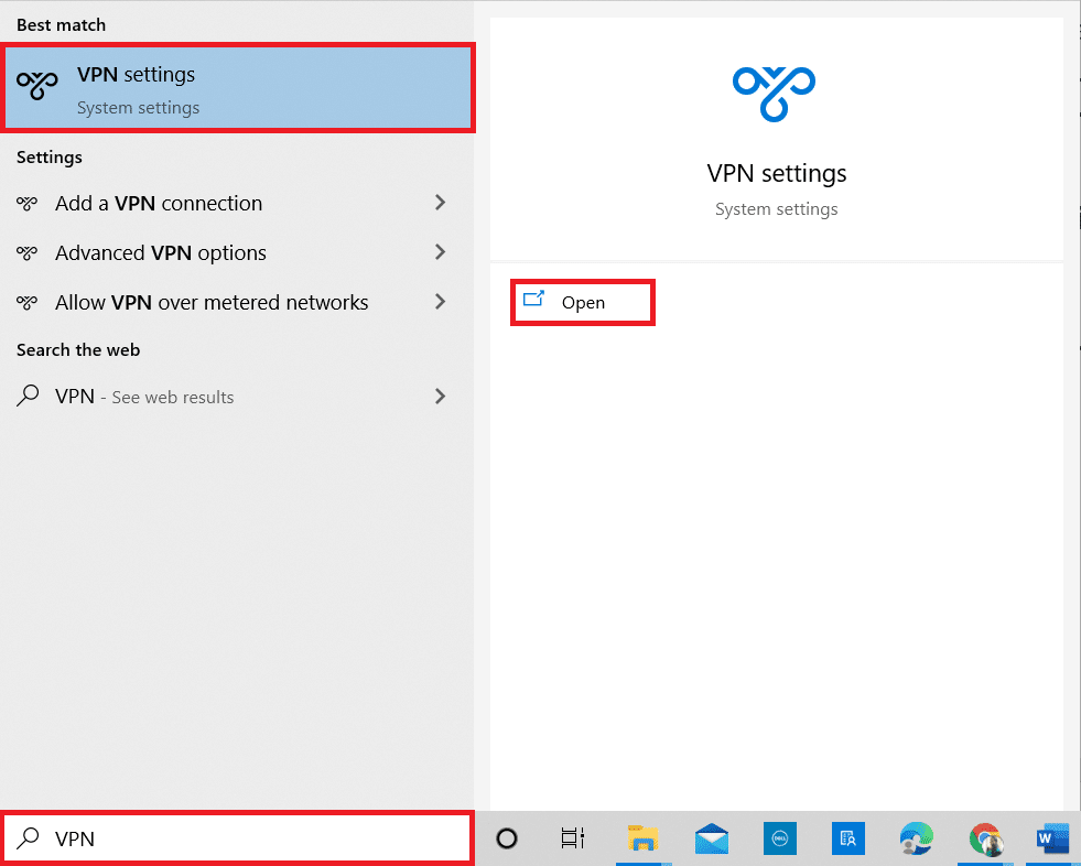 Tekan tombol Windows dan ketik pengaturan VPN di bilah pencarian