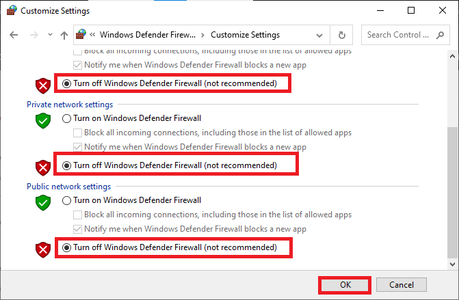 选中此屏幕上可用的关闭 Windows Defender 防火墙（不推荐）选项旁边的框