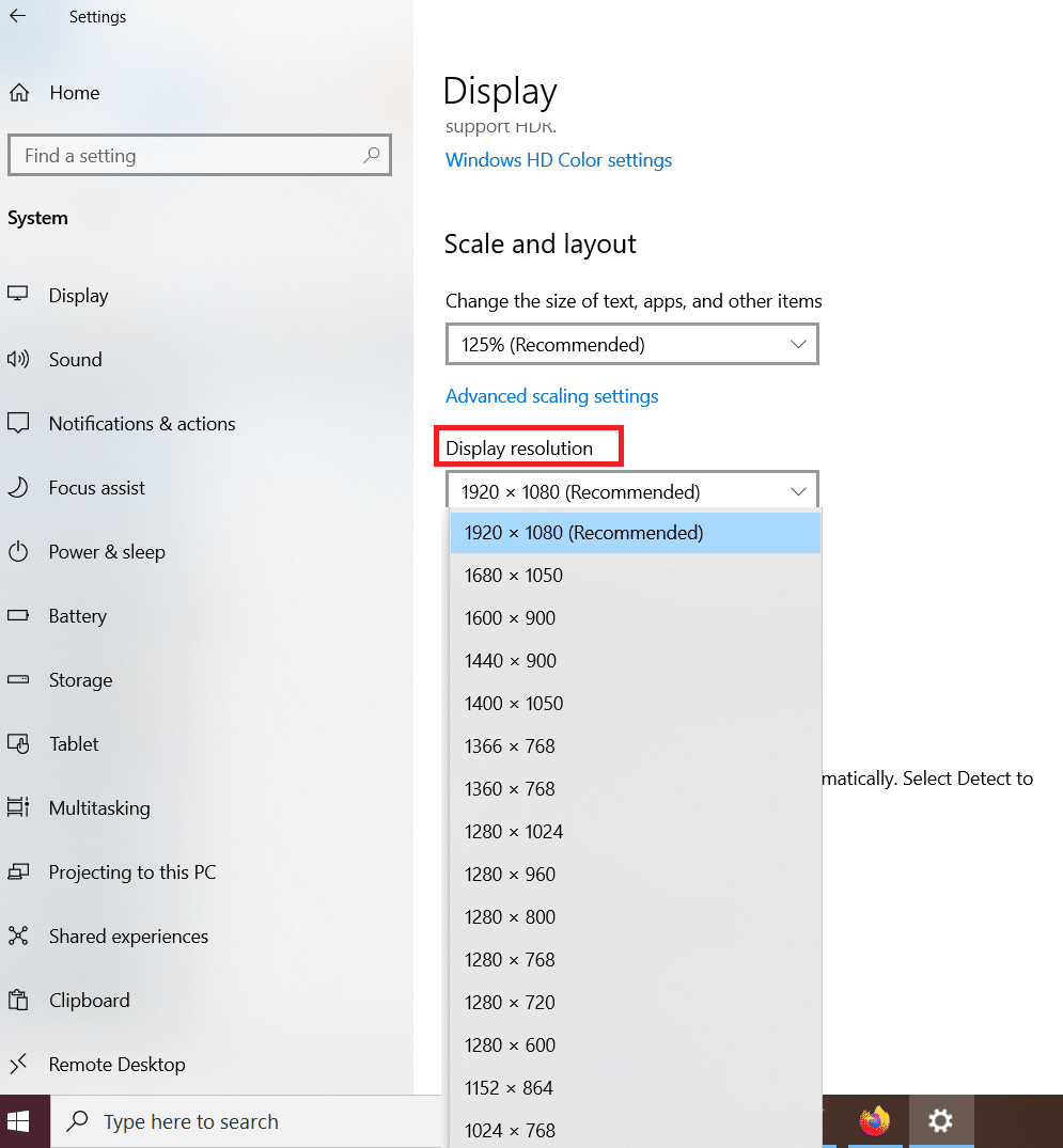 Impostazioni di sistema Risoluzione del display.