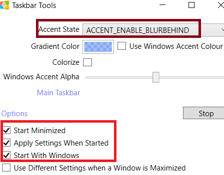 Haga clic en Inicio minimizado, aplique la configuración cuando se inicie, comience con Windows