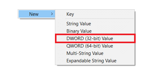 Haga clic derecho en el panel lateral derecho mientras está en la carpeta Avanzado y elija Nuevo y luego Valor DWORD de 32 bits