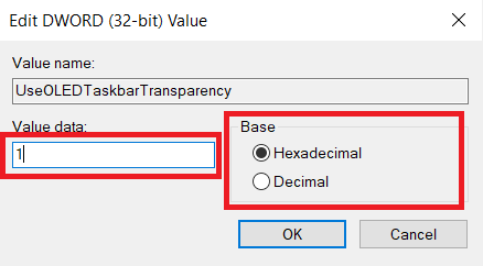 Stellen Sie die Basis auf Hexadezimal und die Wertdaten auf 1 ein