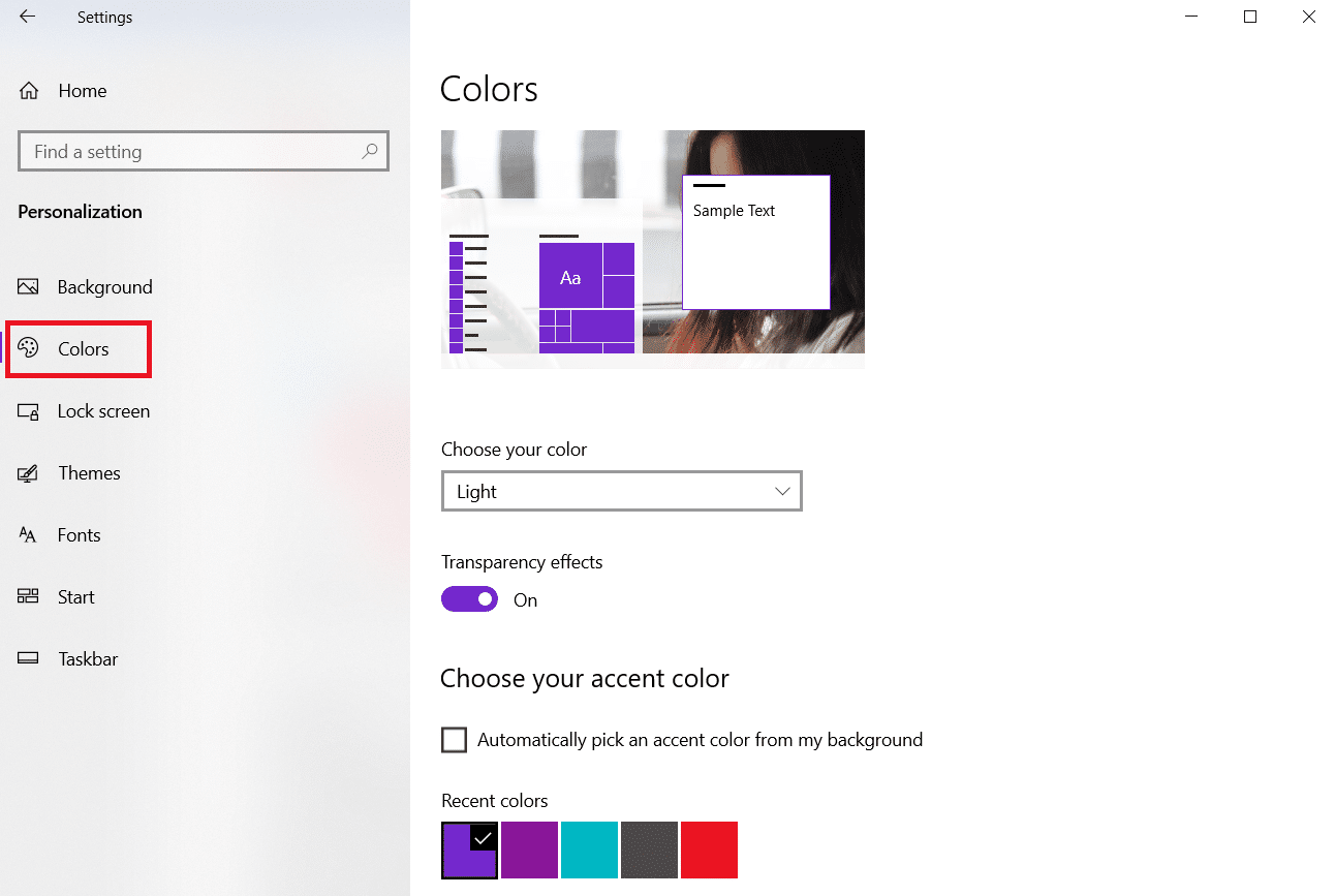 Seleziona Colori sul lato sinistro del menu Personalizzazione