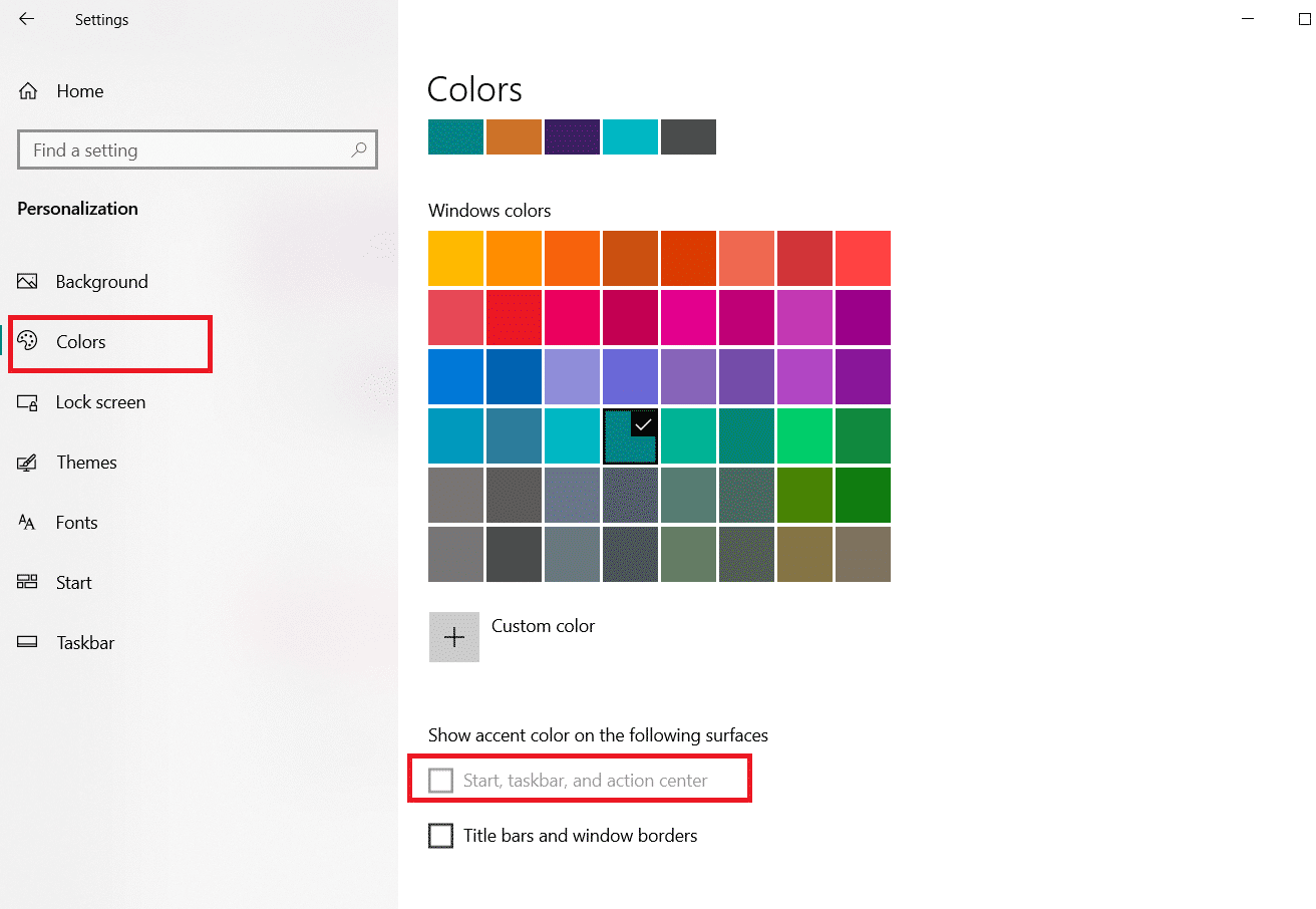 centang kotak bertanda Mulai, bilah tugas, dan pusat tindakan untuk Tampilkan warna aksen pada permukaan berikut