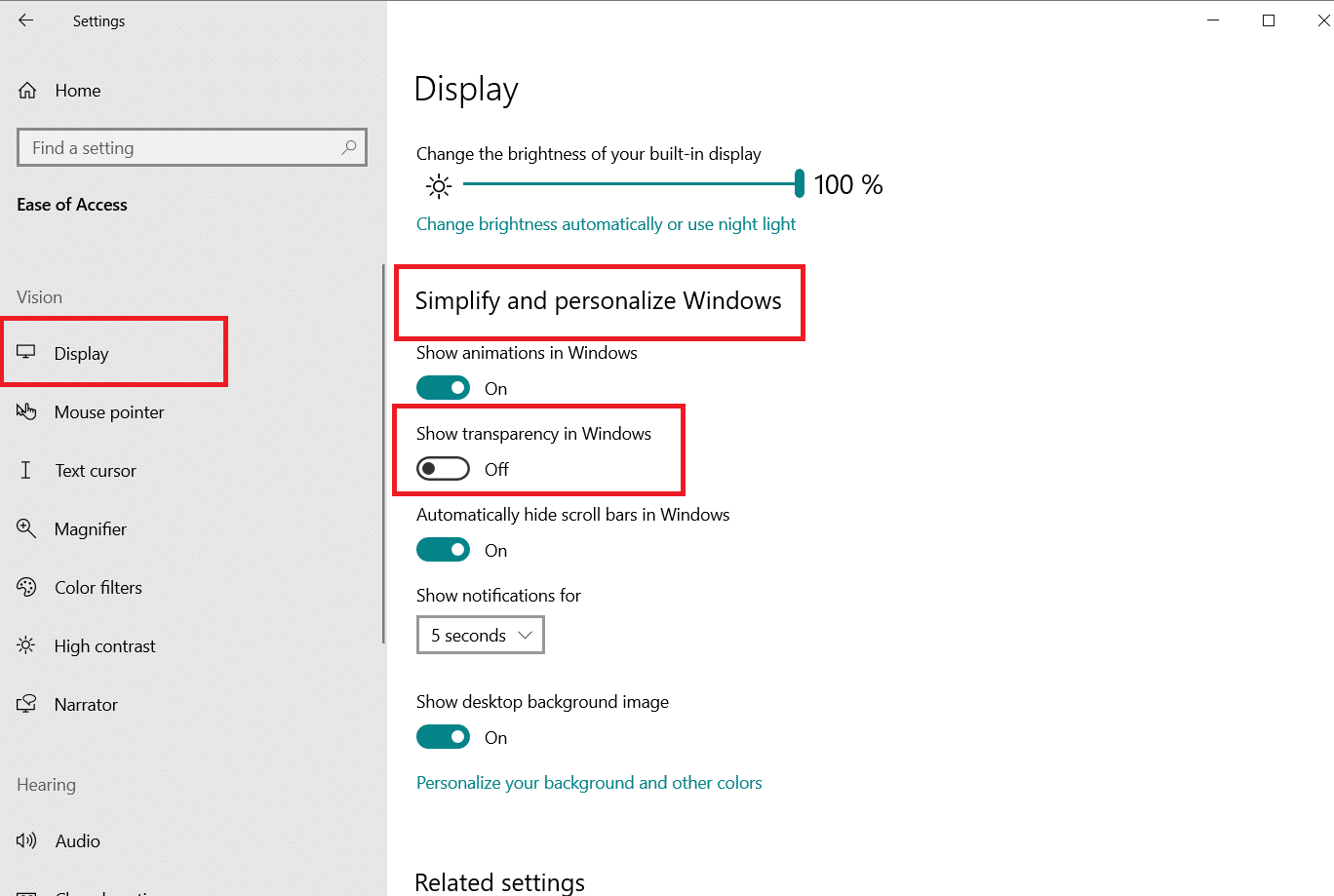 Windowsのトグルスイッチで[透明度を表示]を切り替えて、透明効果をオフにします