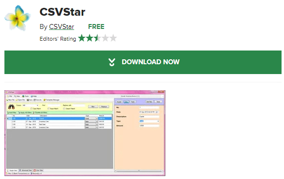 Página de descarga de CSVStar. El mejor editor CSV para Windows