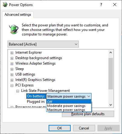 Cliquez sur Sur batterie et modifiez le paramètre sur Désactivé dans la liste déroulante. Correction de l'erreur de téléchargement de la mise à jour Windows 0x800f0984 2H1