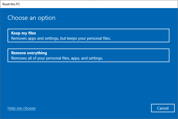 Ahora, elija una opción de la ventana Restablecer esta PC. Arreglar el error de descarga de Windows Update 0x800f0984 2H1