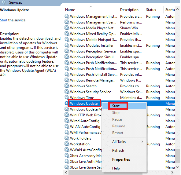 Haga clic derecho en la actualización de Windows. Seleccione la opción Inicio.