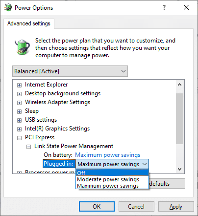 Sekarang, klik Plugged in dan ubah pengaturan ke Off dari daftar drop-down