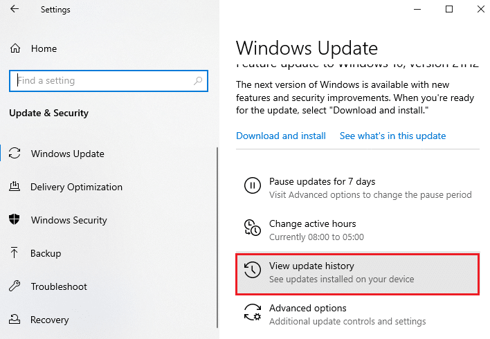 Ora, fai clic sull'opzione Visualizza cronologia aggiornamenti. Correggi l'errore 0x800f0984 2H1 di download di Windows Update