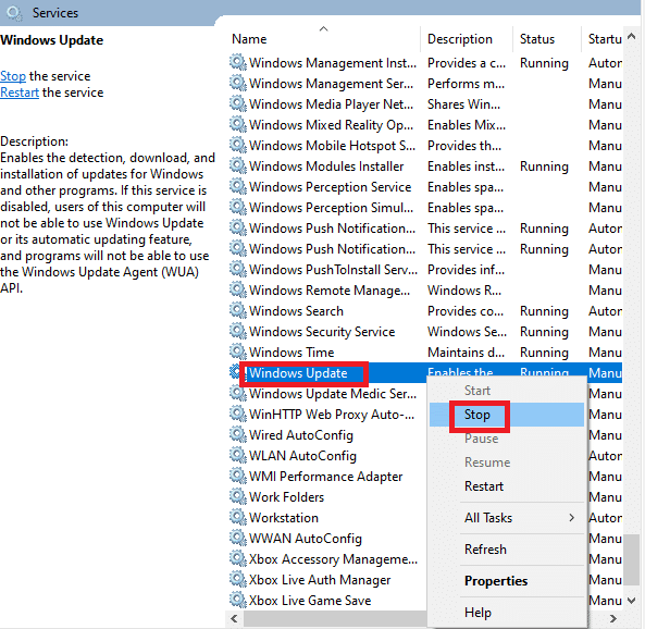 Fare clic su Interrompi se lo stato corrente visualizza In esecuzione. Correggi l'errore 0x800f0984 2H1 di download di Windows Update