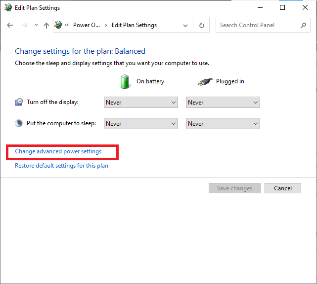 haga clic en Cambiar la configuración avanzada de energía