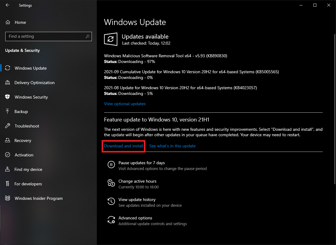 Opzione di aggiornamento di Windows in Impostazioni.