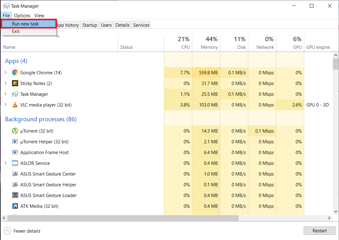 Görev Yöneticisi. Dosya seçeneği açık.