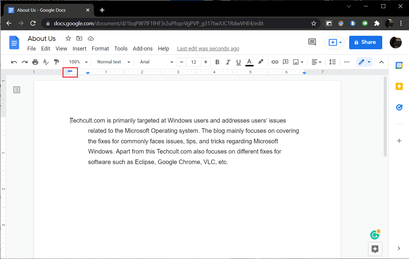 selectați liniuța de culoare albastră în Google Docs