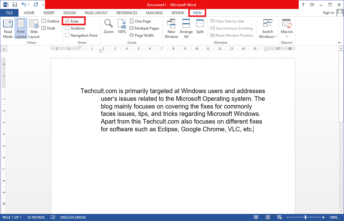 检查 Microsoft Word 中打印布局菜单中的标尺选项。如何在 Word 和 Google Docs 中创建悬挂缩进