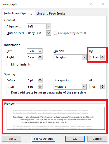 Jendela paragraf, tab Indentasi dan Spasi. Pratinjau disorot.